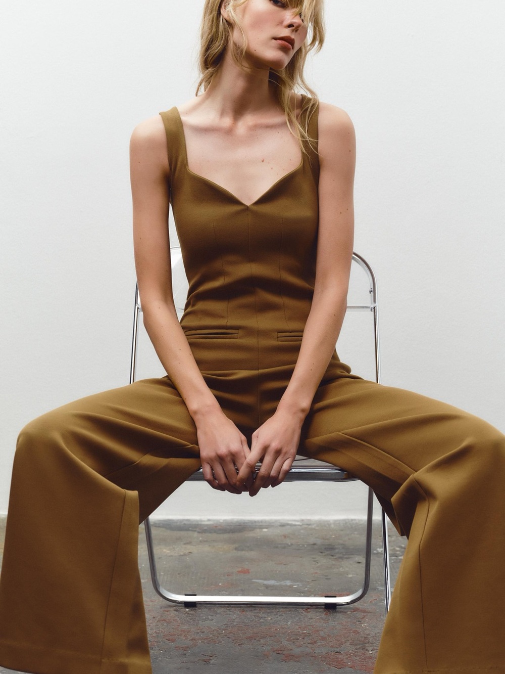 Zara Stretch Knit Sleeveless Brown Wide-Leg Jumpsuit Large - Picture 2 of 8